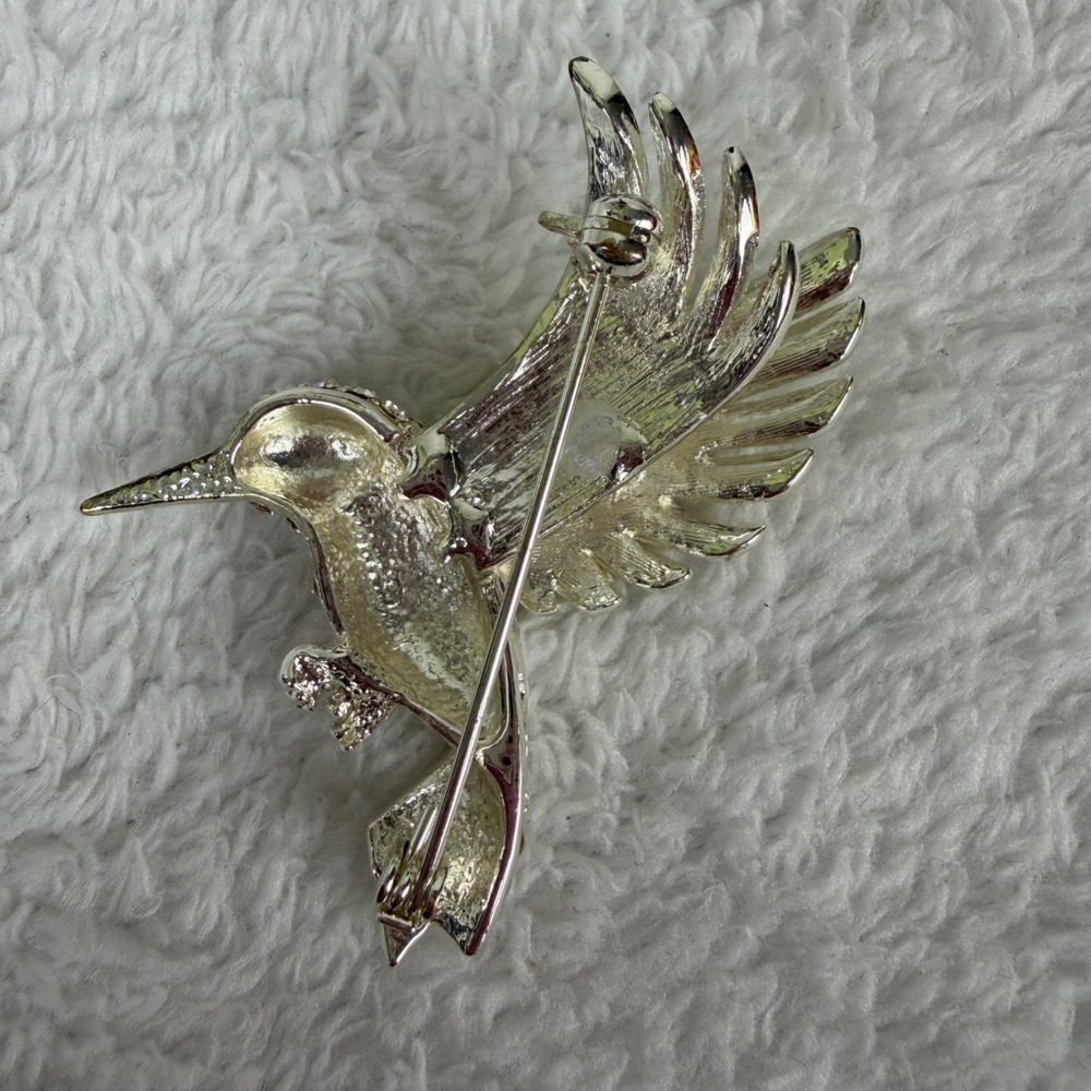 Silver Tone Rhinestone Hummingbird Brooch Pin Green Eye Crystal Bird Accessory - Picture 4 of 6